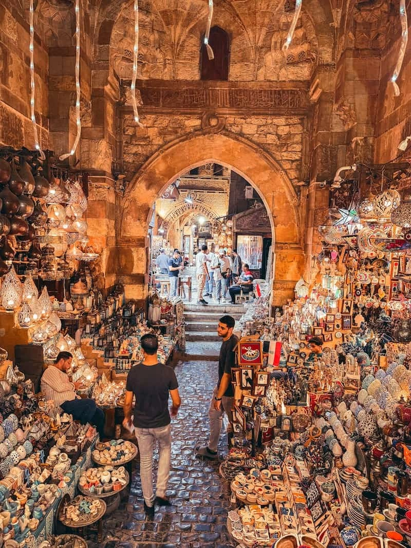 Busy souk market entrance in historic Cairo Egypt