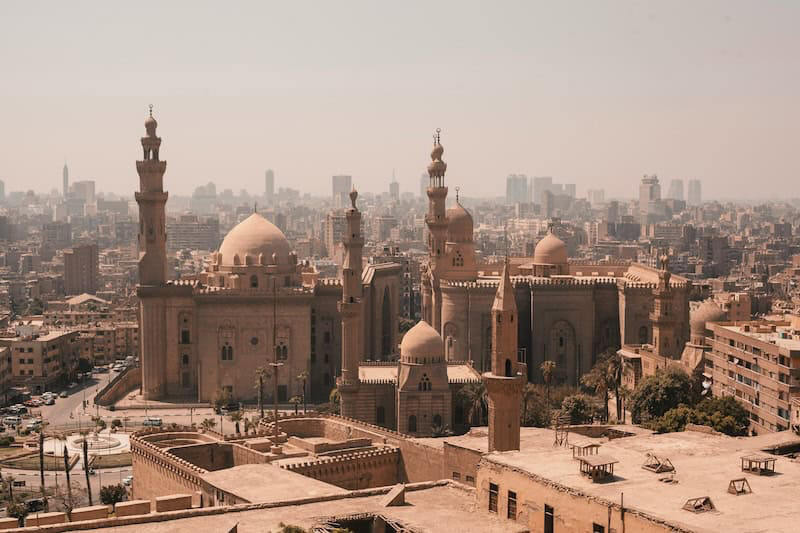View over Cairo Egypt city skyline and historic mosque architecture