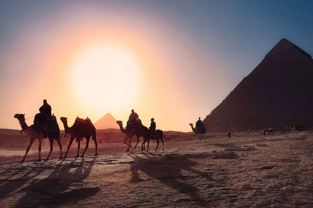 Camel caravan at sunset near the pyramids in Cairo Egypt