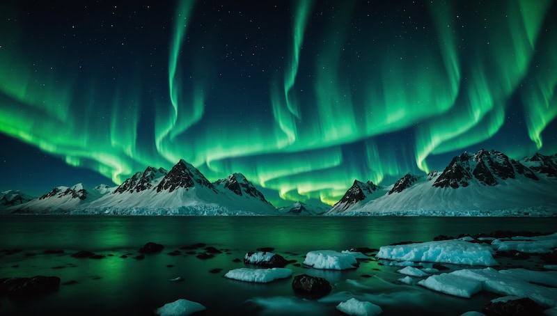 Colorful northern lights over a rocky beach and snowy mountains where to See the Northern Lights on a Budget