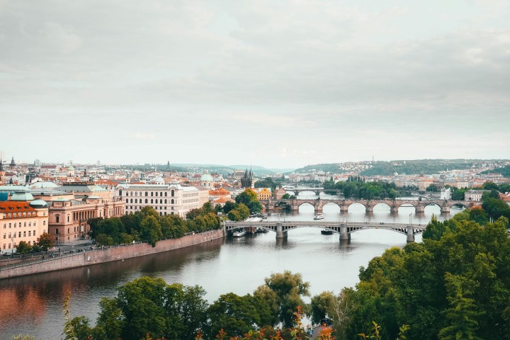 Cityscape with multiple bridges over a wide river lined with historic buildings and trees.