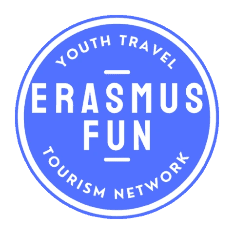 Blue circular logo with 'Erasmus Fun,' 'Youth Travel,' 'Tourism Network' text.