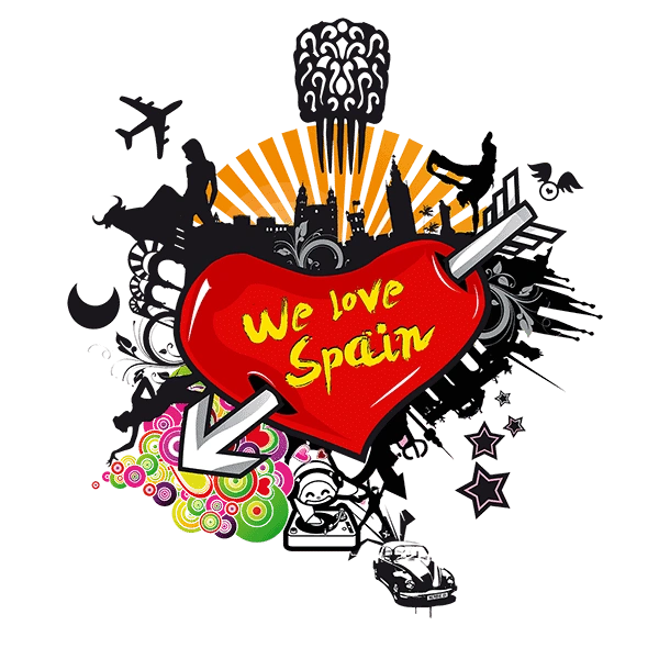 Heart with 'We love Spain', surrounded by Spanish cultural icons.