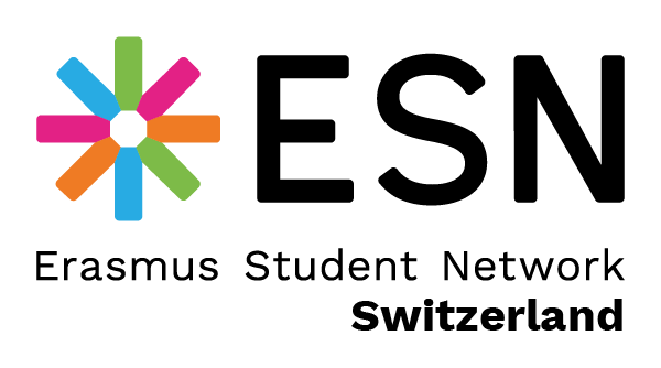 ESN logo with colorful star and text: Erasmus Student Network Switzerland.