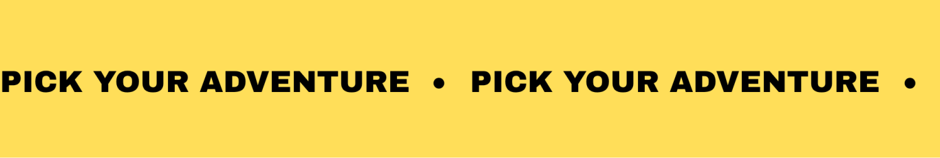 Yellow banner reads 'PICK YOUR ADVENTURE • PICK YOUR ADVENTURE' in black text.