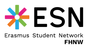 Logo with colorful starburst and text 'ESN Erasmus Student Network FHNW'.