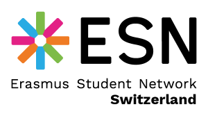 ESN logo with colorful star, text: Erasmus Student Network Switzerland.
