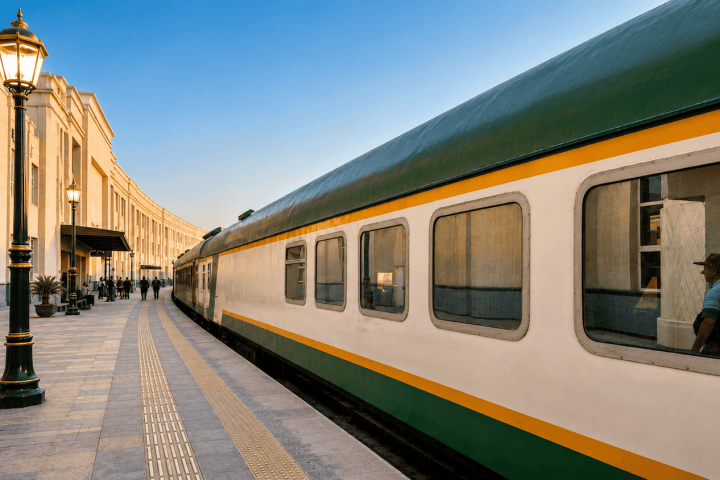 Vintage train parked by an elegant station with arched windows.