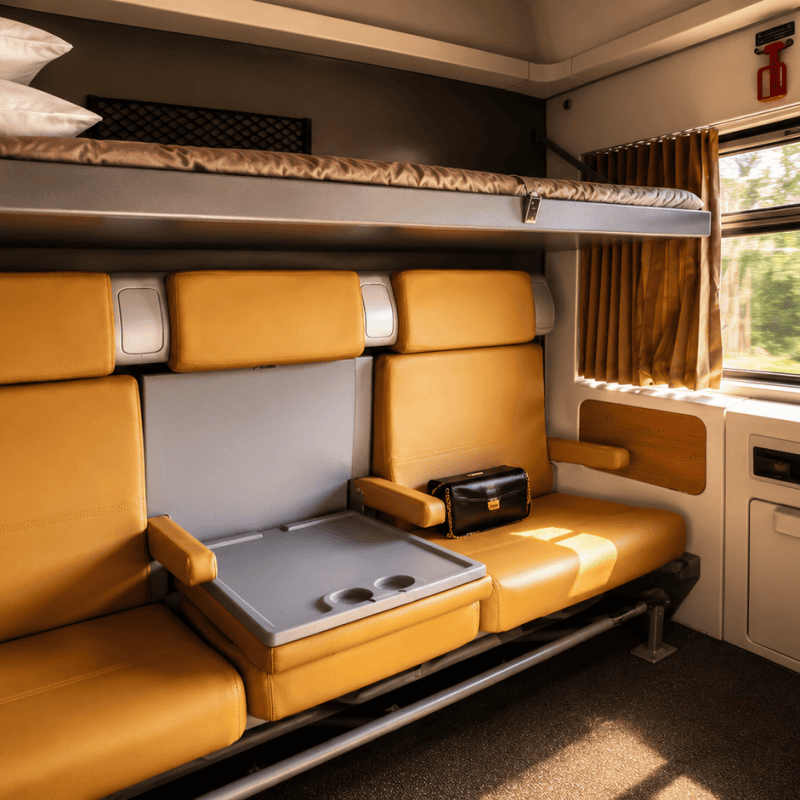 Train cabin with yellow seats, a fold-down table, and a window with curtains.
