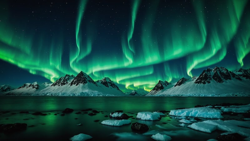 Green aurora borealis over snowy mountains and calm water at night.